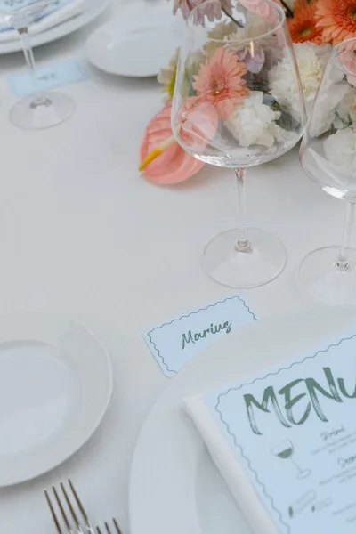 Reception tablescape with wedding table setting, white plates and wine glasses, plus pink anthurium and hydrangea centerpiece with menu card