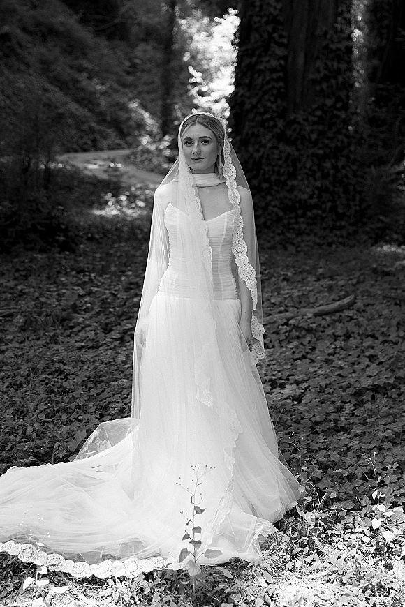Bridal portrait of a bride in a strapless gown with a lace veil and chapel train, standing in a forest with dappled sunlight