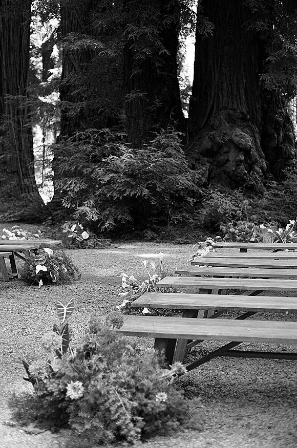 Ceremony setup with outdoor ceremony seating on wood benches and greenery floral arrangements lining a gravel aisle in a tall forest