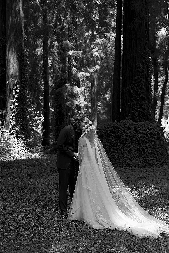 Wedding couple portrait with bride and groom holding hands, her long lace-trim veil flowing behind in a sun-dappled forest of tall trees