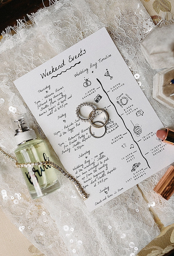Wedding timeline card wedding weekend itinerary displayed in a flatlay with wedding rings and beauty items on a neutral fabric surface