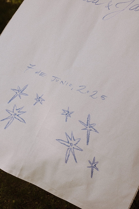 Wedding guestbook open to a wedding guestbook message in blue ink with handwritten note and star doodles on white paper over dark surface