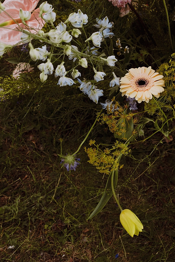 Bridal bouquet of wildflower bridal bouquet blooms with gerbera daisy and greenery, tied with a pink ribbon, resting on grass