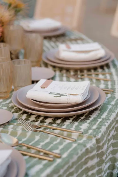 Reception tablescape with wedding place setting, green patterned tablecloth, neutral ceramic plates, gold flatware, and dried florals in soft indoor light