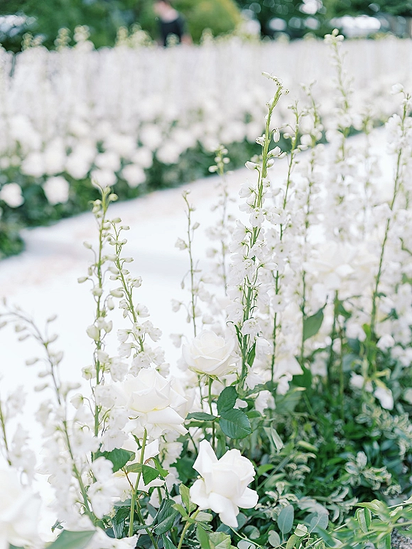 Ceremony aisle flowers in a meadow-style design of white roses, delphinium, and greenery along an aisle runner in a garden setup