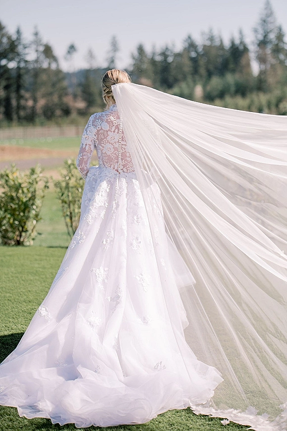 Bridal portrait with cathedral veil flowing behind a bride in a long sleeve lace dress, seen from behind on a lawn with hills
