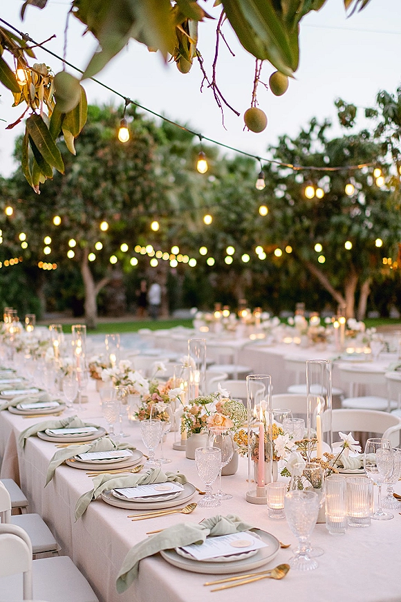 Reception tablescape for an outdoor wedding reception with string lights, taper candles, low florals, and elegant place settings in a garden setting