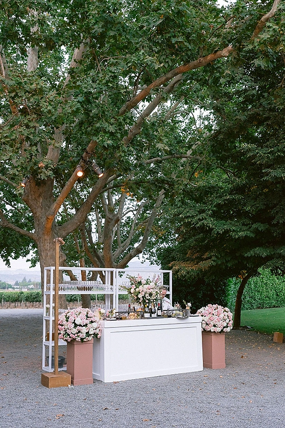 Wedding bar setup with a mobile wedding bar counter, wine and champagne bottles, glassware, and blush rose arrangements under string lights in a vineyard lawn setting