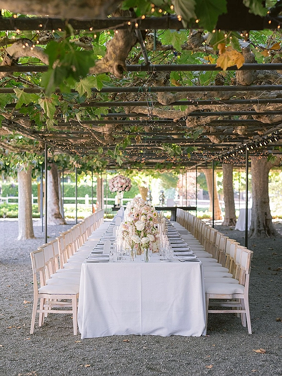 Outdoor reception tablescape with long banquet wedding table, white linens, wooden chairs, floral vases, candles, and string lights under a vine pergola