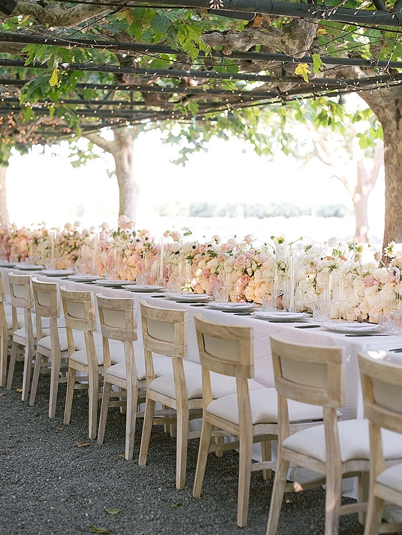 Reception tablescape with long banquet table setup featuring pastel rose centerpieces and candlelight under a tree canopy with string lights