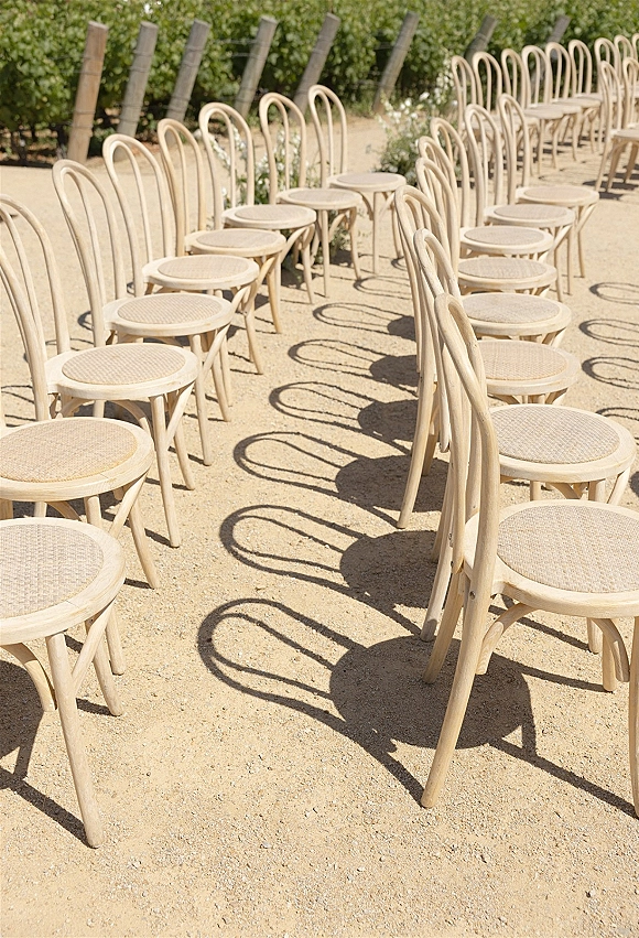 Ceremony seating with bentwood chairs and cane seats lined along a dirt aisle, with small floral arrangements beside vineyard rows