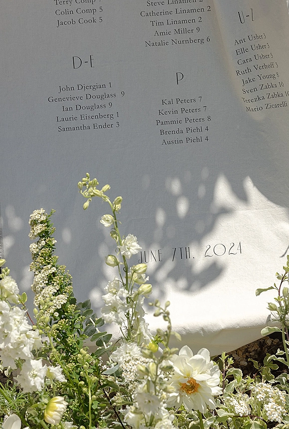 Wedding seating chart with alphabetical seating chart layout, printed on a white board with white flowers and greenery against a bright backdrop