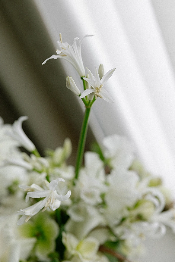 White wedding florals in a white floral close-up, delicate petals with green stems in soft light against a blurred indoor background