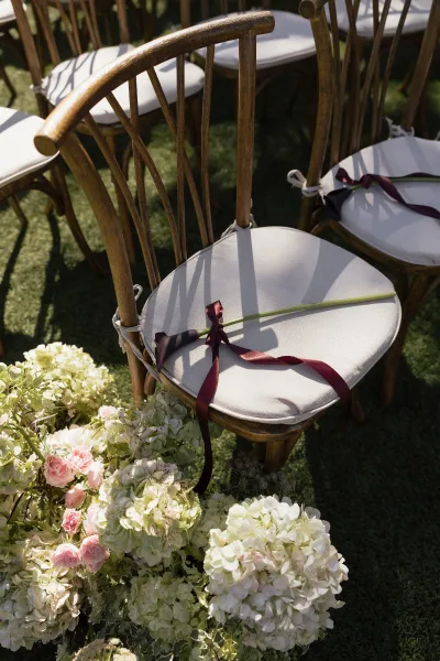 Ceremony seating decor with wooden wedding chairs, neutral cushions, and a burgundy ribbon beside hydrangeas and roses on a sunlit lawn