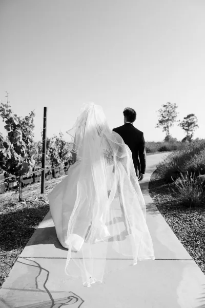 Wedding couple portrait of bride and groom walking away down a vineyard path, her long veil trailing behind his tuxedo