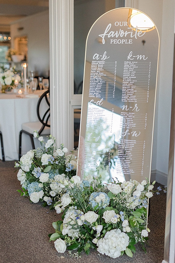 Wedding seating chart on an arched mirror sign with white lettering, framed by white roses, blue hydrangea, and greenery in an entryway