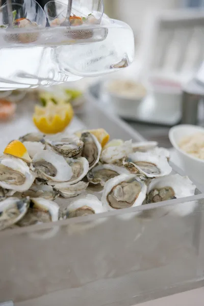 Oyster raw bar highlighting a seafood raw bar spread of freshly shucked oysters with bright lemon wedges on a chilled display.