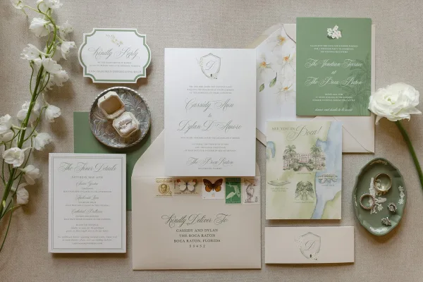 Wedding invitation suite featuring sage green wedding invitations, styled with flowers on textured linen fabric