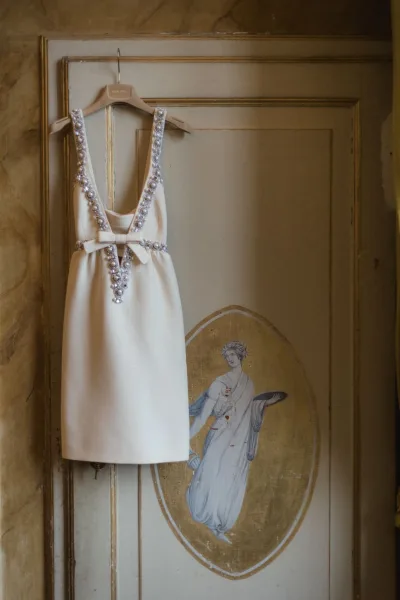 Wedding dress on hanger with a beaded neckline and bow detail, displayed against a vintage painted door with ornate wall paneling