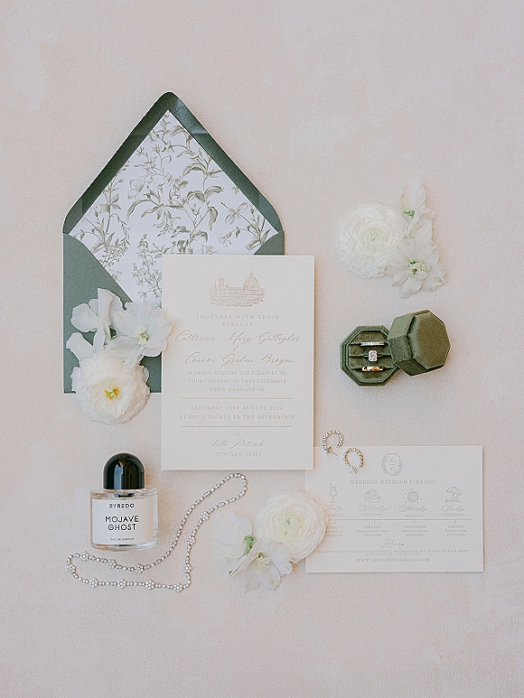 Invitation suite wedding invitation flat lay with green envelope and botanical liner, rings, pearl necklace, earrings, perfume, on linen backdrop