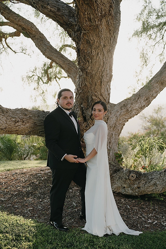Couple portrait of bride in a cape veil and groom in a black tuxedo holding hands on a grassy lawn beneath a large tree