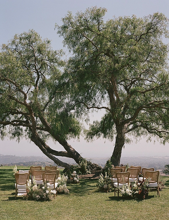 Outdoor ceremony setup with garden ceremony chairs arranged on a grassy aisle, framed by greenery accents beneath a large tree and hills