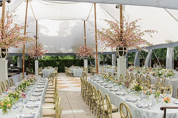 Wedding reception decor under a clear top tent with draped curtains, banquet and round tables, gold chairs, cherry blossom centerpieces, bistro lights