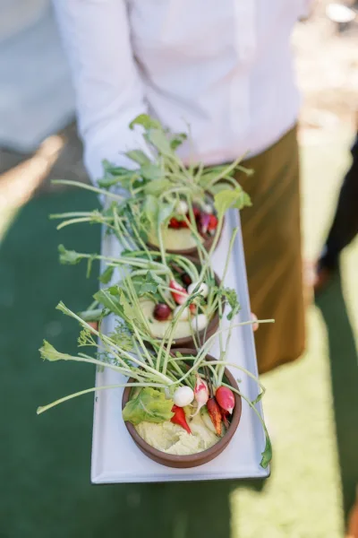 Radish crudités and dip are served as wedding appetizers in individual bowls on a serving tray
