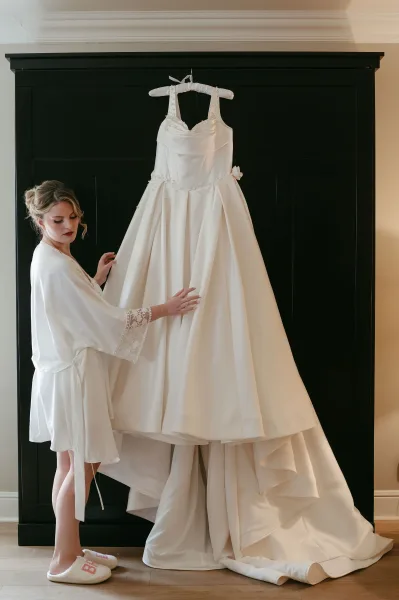 Wedding dress on hanger with beaded straps and satin train, displayed against a black wardrobe with white wall molding in a prep room