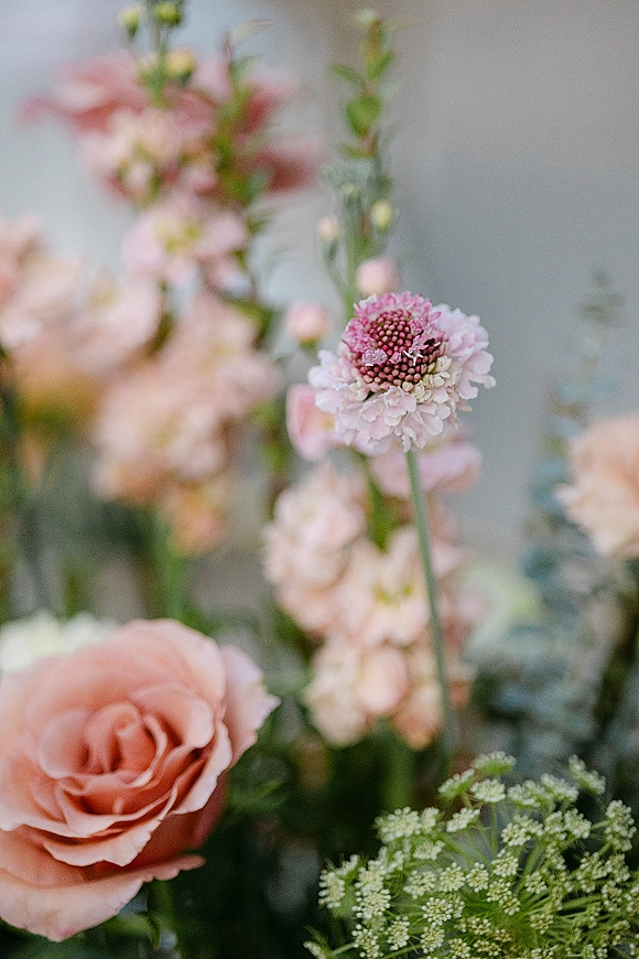Wedding flowers with blush rose close-up, featuring soft pink blooms, greenery, and wildflower stems against a neutral backdrop