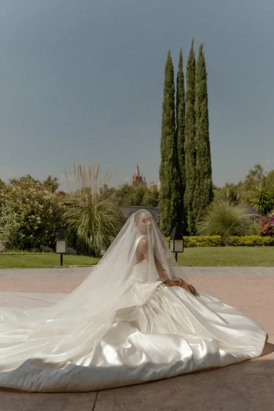 Bridal portrait of a bride in a satin wedding dress with cathedral veil and long train spread on a garden lawn by cypress trees