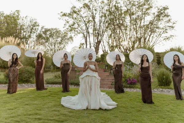 Bride with bridesmaids holding parasols, bride in a strapless gown and choker centered on a garden lawn by stone steps and trees