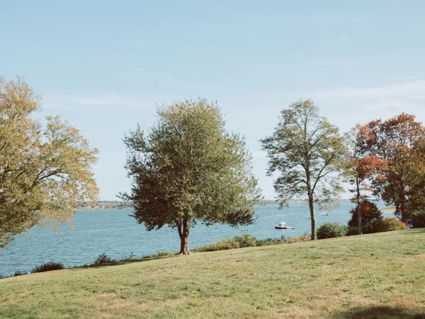 Waterfront wedding venue with a lakeside lawn, sailboat on the water, tree-lined shoreline, and clear blue sky in the background
