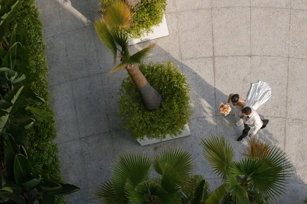 Couple portrait from above of bride and groom walking, bride holding bouquet with gown train in a sunlit stone courtyard with palms