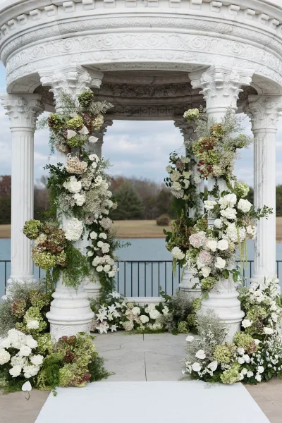 Wedding ceremony altar with outdoor wedding altar flowers, hydrangeas and white roses on a gazebo by a lake under cloudy skies