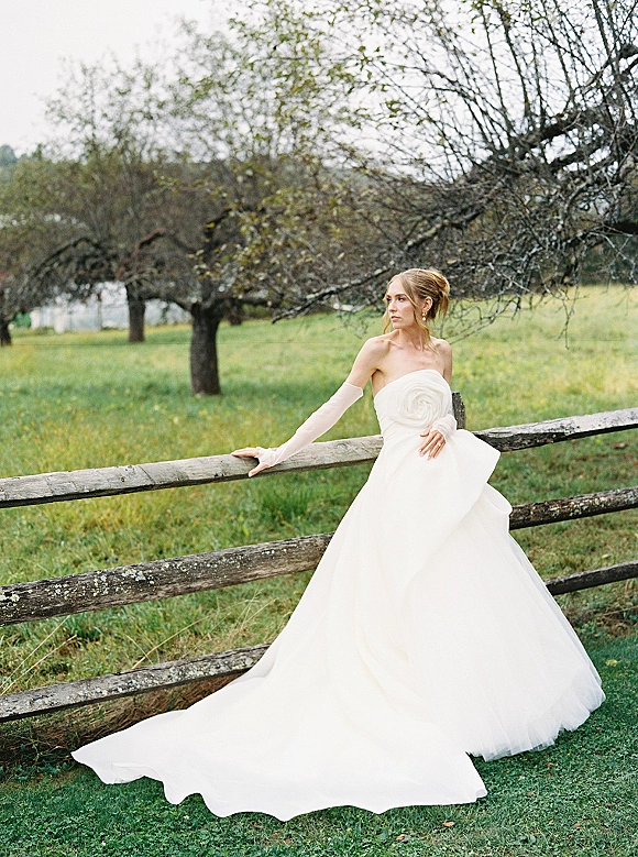 Bridal portrait of a bride in a strapless ball gown with tulle skirt and sheer opera gloves, leaning on a wooden fence in an orchard field