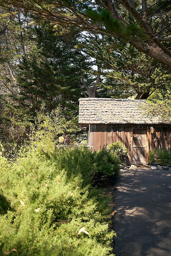 Rustic wedding venue with a wood cabin entrance and wooden door, framed by sunlit trees and greenery along a paved path