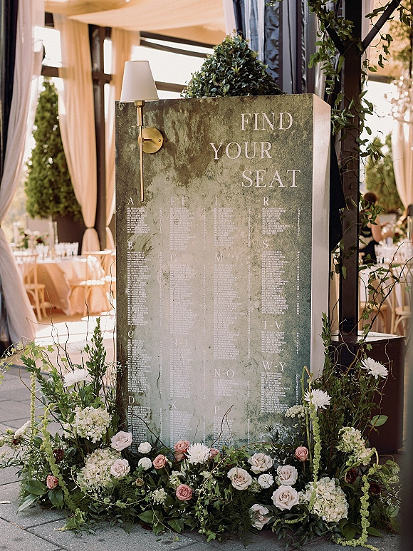 Wedding seating chart find your seat sign on a painted backdrop with rose and hydrangea floor florals and greenery garland in a draped tent reception