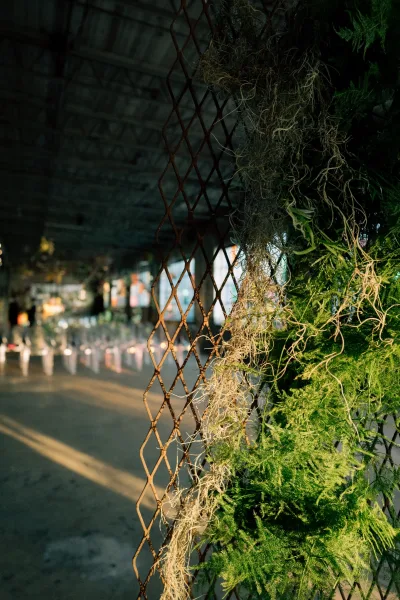 Reception decor in an industrial wedding reception with greenery garland and hanging moss on a metal trellis above a long table under string lights
