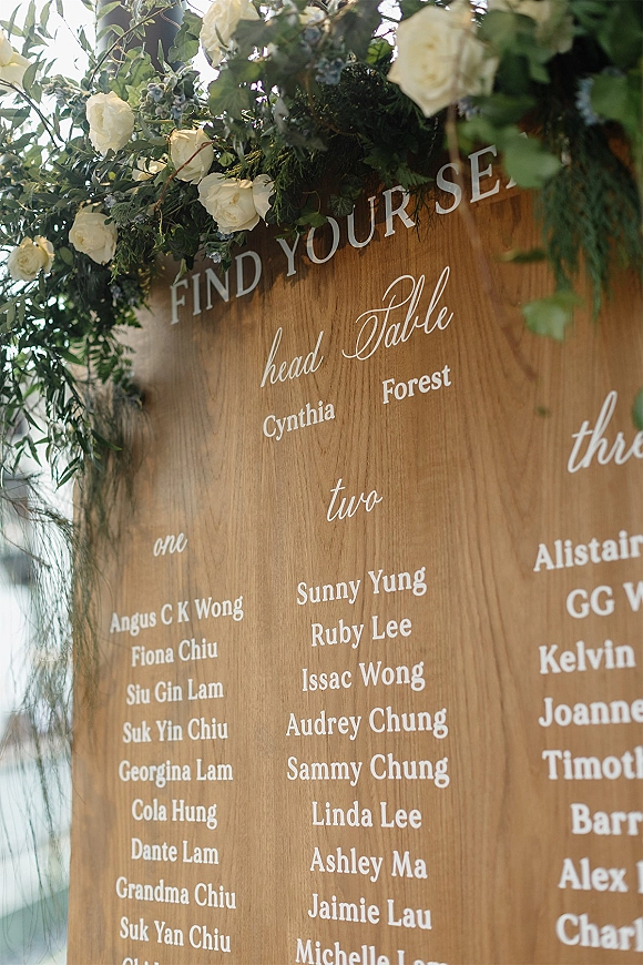 Wedding seating chart and find your seat sign on a wood board with white calligraphy, topped with white roses and greenery outdoors