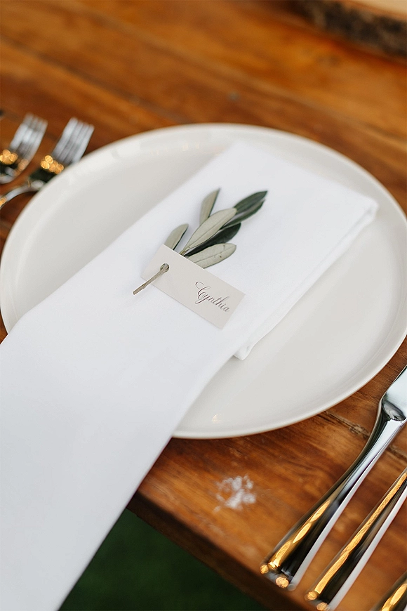 Wedding place setting with wedding napkin fold, white plate and folded napkin topped with a twine-tied calligraphy place card and olive leaf on a wood table