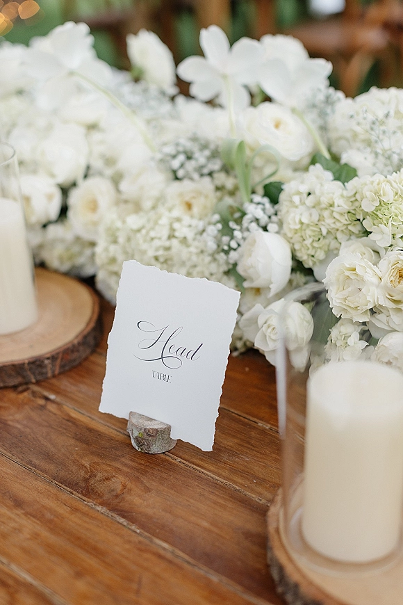 Head table sign with wedding head table sign calligraphy on a deckle-edge card, beside white hydrangeas, roses, and pillar candles on wood slices