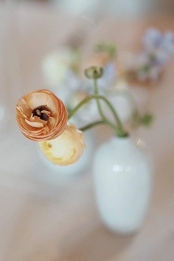 Wedding flower close-up of peach ranunculus in a white ceramic vase on a neutral tabletop with blurred flowers behind