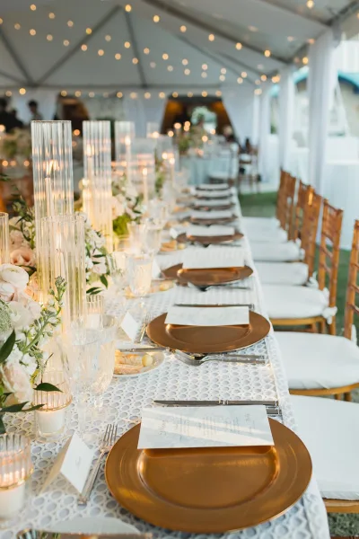 Reception tablescape on a long wedding table with gold charger plates, blush rose garland, candles, and string lights under a white tent