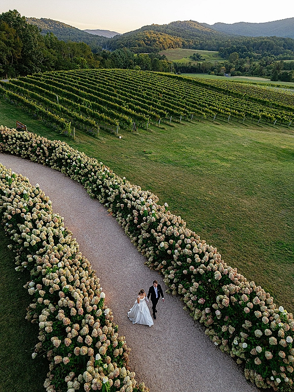 Newlywed couple walking away down a gravel path, bride in flowing wedding dress and groom in suit, framed by vineyard rows and mountains