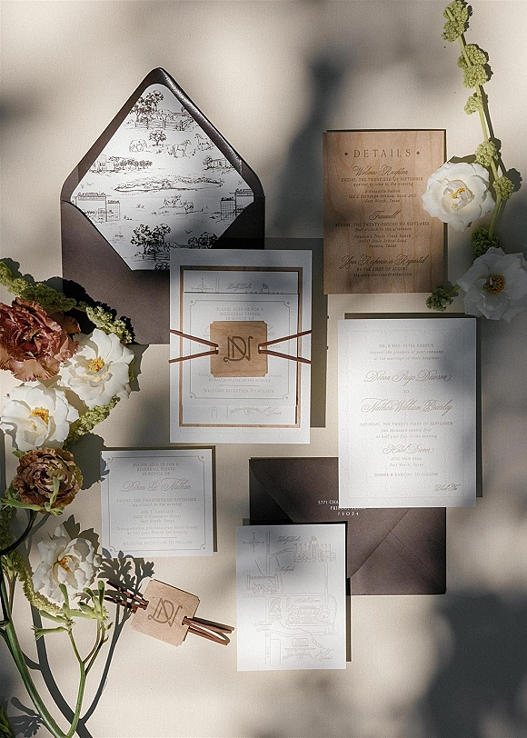 Invitation suite wedding stationery flat lay with envelopes, RSVP and map cards, monogram tag, ribbon, flowers and greenery on neutral surface