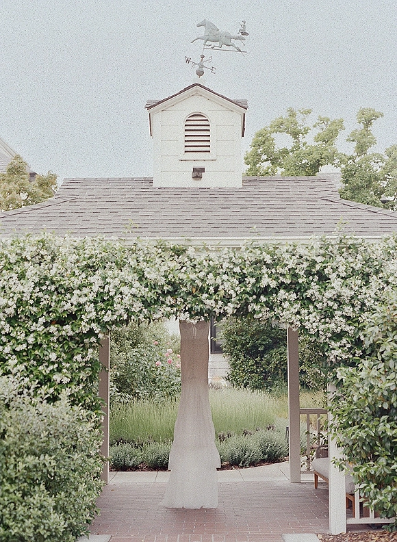 Wedding dress hanging beneath an ivy-covered pergola, strapless mermaid gown framed by white blossoms in a garden courtyard