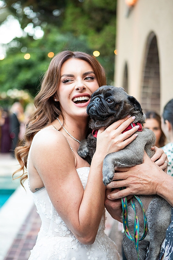 Bride with dog holding her pug in a lace wedding dress with a colorful leash, laughing under string lights by the pool near guests