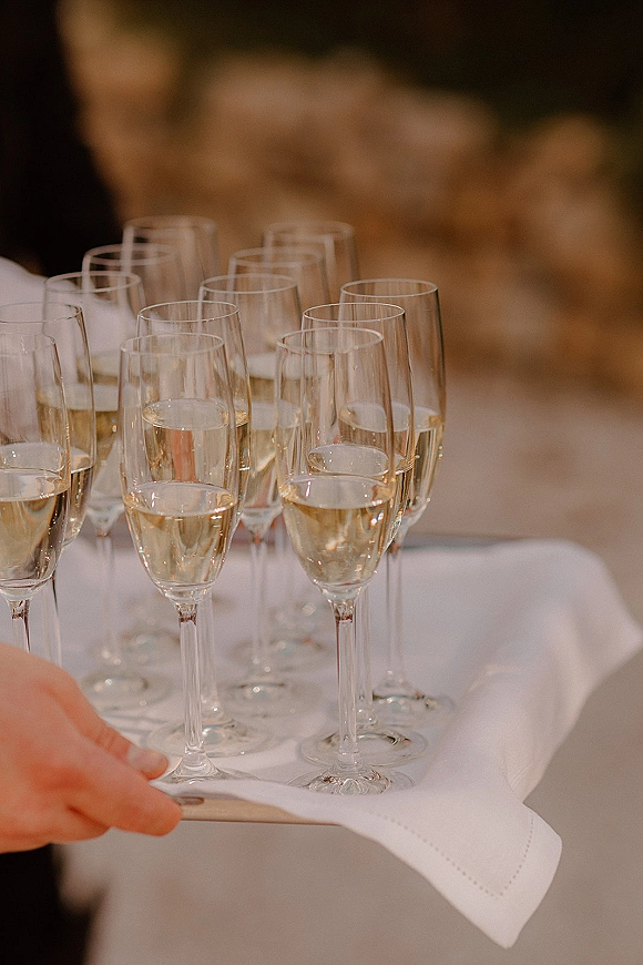 Champagne toast glasses on a tray with champagne flutes and sparkling wine, held by a hand against blurred outdoor greenery