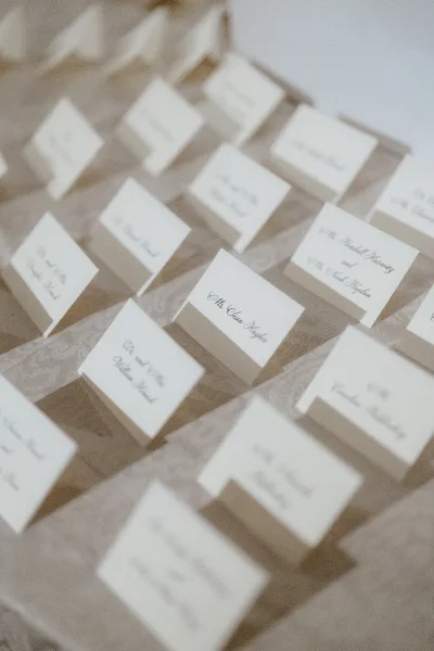 Wedding place cards with calligraphy place cards in black ink on white folded tent cards with table numbers on a patterned tablecloth